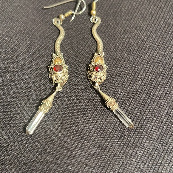 Sterling Silver, Gold, Garnet with a dangling Crystal, Snake Earrings.! - Picture 2 of 7